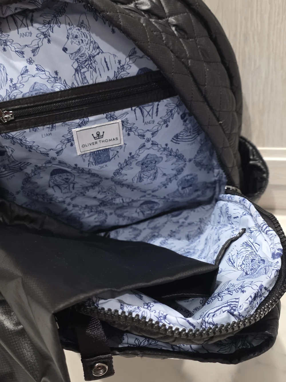 DARK Blue, NAVY Quilted Women's Backpack with White Center Stripe and Bear Patch